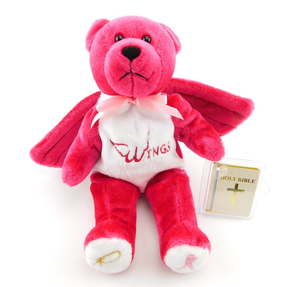 NWT Vintage WINGS HOLY BEAR Pink Plush Bean Bag w/ Bible & Breast Cancer Ribbon